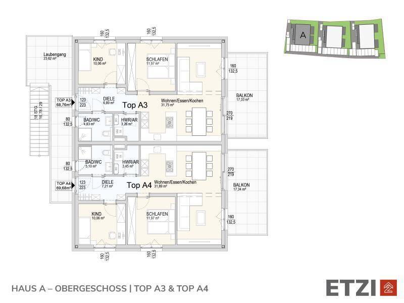 Grundriss des Obergeschosses von Haus A mit zwei Wohneinheiten und Balkonen.