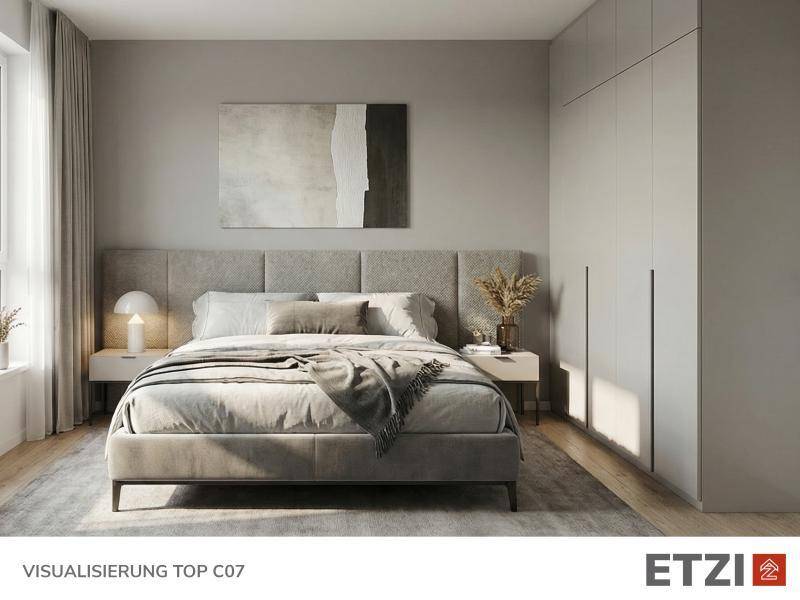 Modernes Schlafzimmer mit großem Bett, integriertem Kleiderschrank und viel Tageslicht.