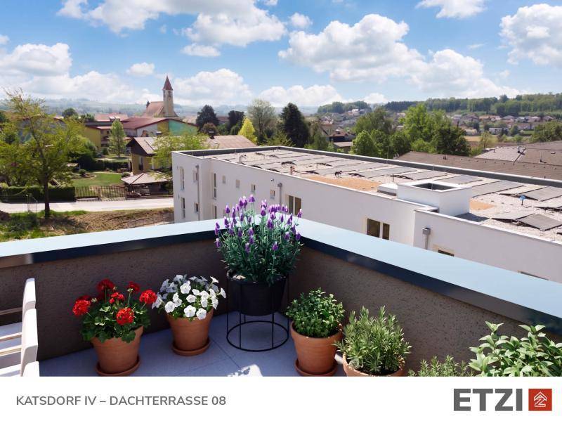 Dachterrasse mit Pflanzen und weitem Blick über die Dächer eines charmanten Dorfes.