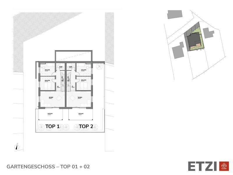 Grundriss des Gartengeschosses mit zwei Wohneinheiten und direktem Zugang zu Terrasse und Garten.