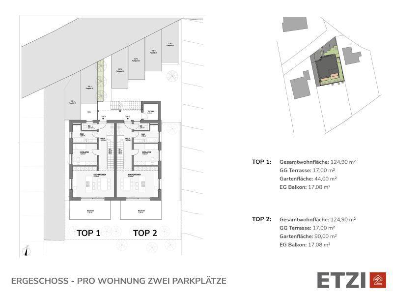Grundriss des Erdgeschosses mit zwei Wohneinheiten, Terrassen, Balkonen und Parkplätzen.