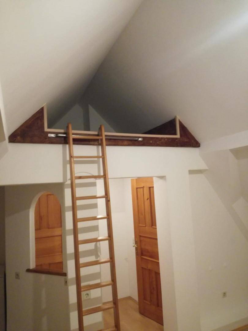 Innenraum mit Holzleiter zum Dachboden und zwei Holztüren unter einer hohen, schrägen Decke.