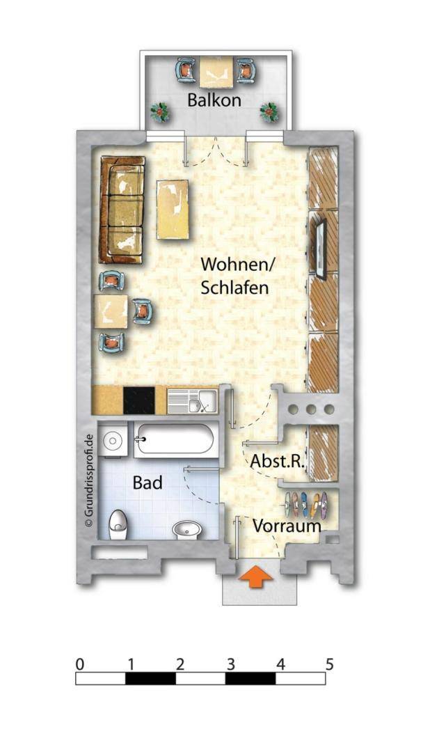 Grundriss einer Wohnung mit offenem Wohn-/Schlafbereich, Bad, Abstellraum und Balkon.