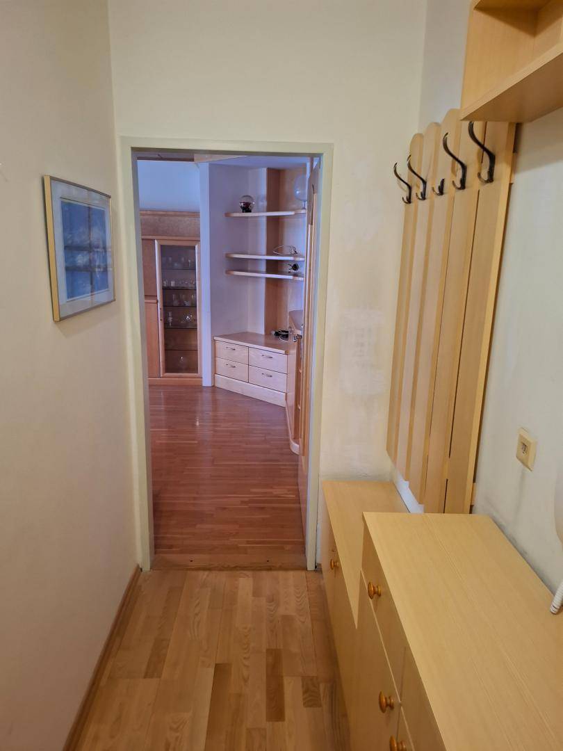 Flur mit Holzparkett und Garderobe, der in den Wohnbereich führt.