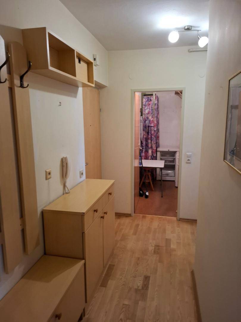 Eingangsbereich mit Holzparkett, Garderobe und Blick in einen weiteren Raum.