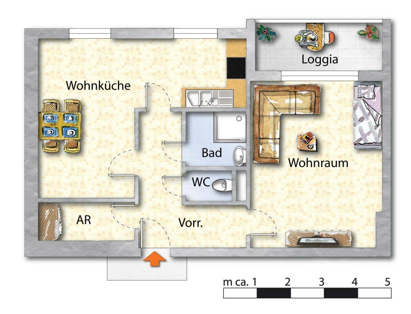 Grundriss einer Wohnung mit Wohnküche, Wohnraum, Bad, WC und Loggia.