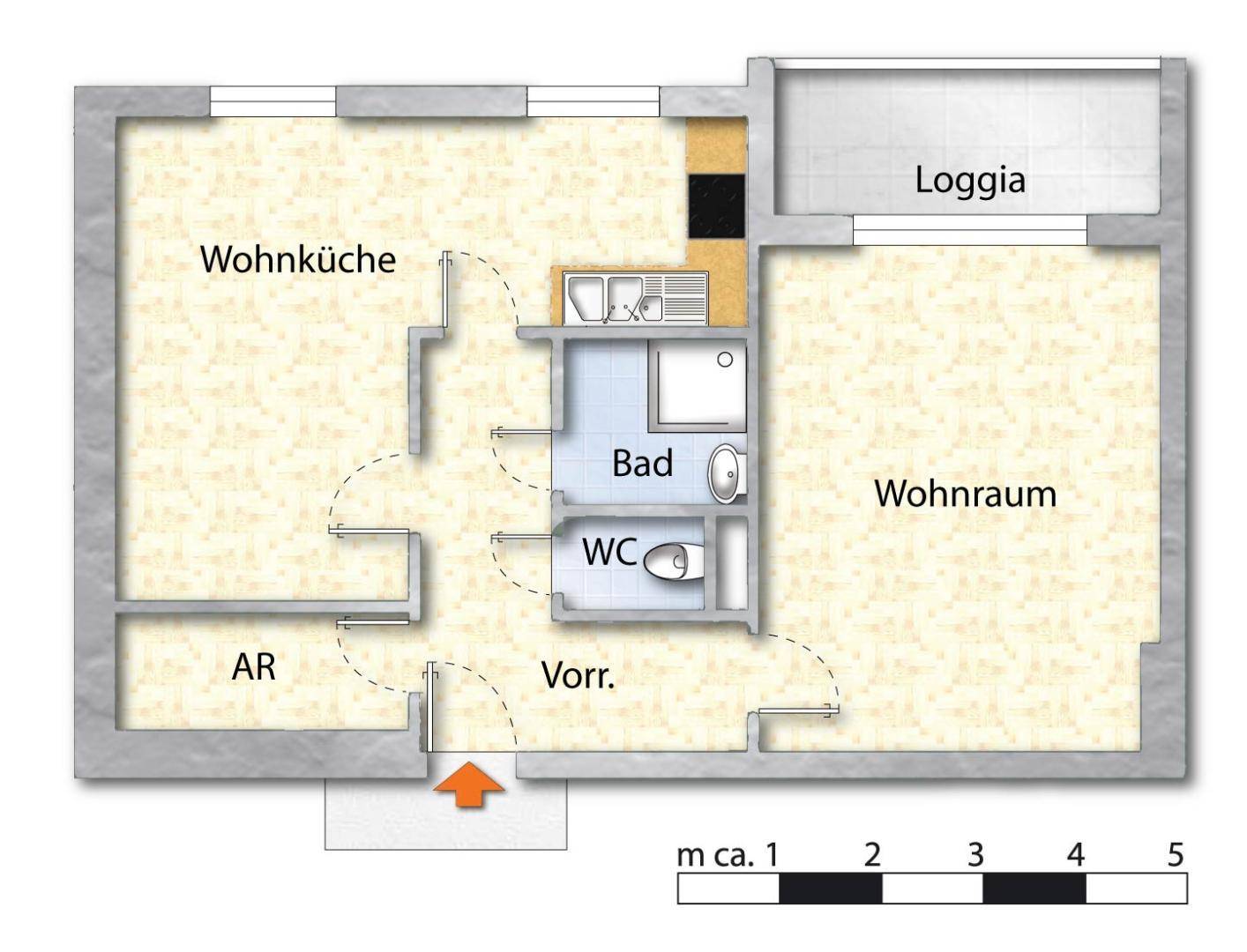 Grundriss einer Wohnung mit Wohnküche, Wohnraum, Bad, WC und Loggia.