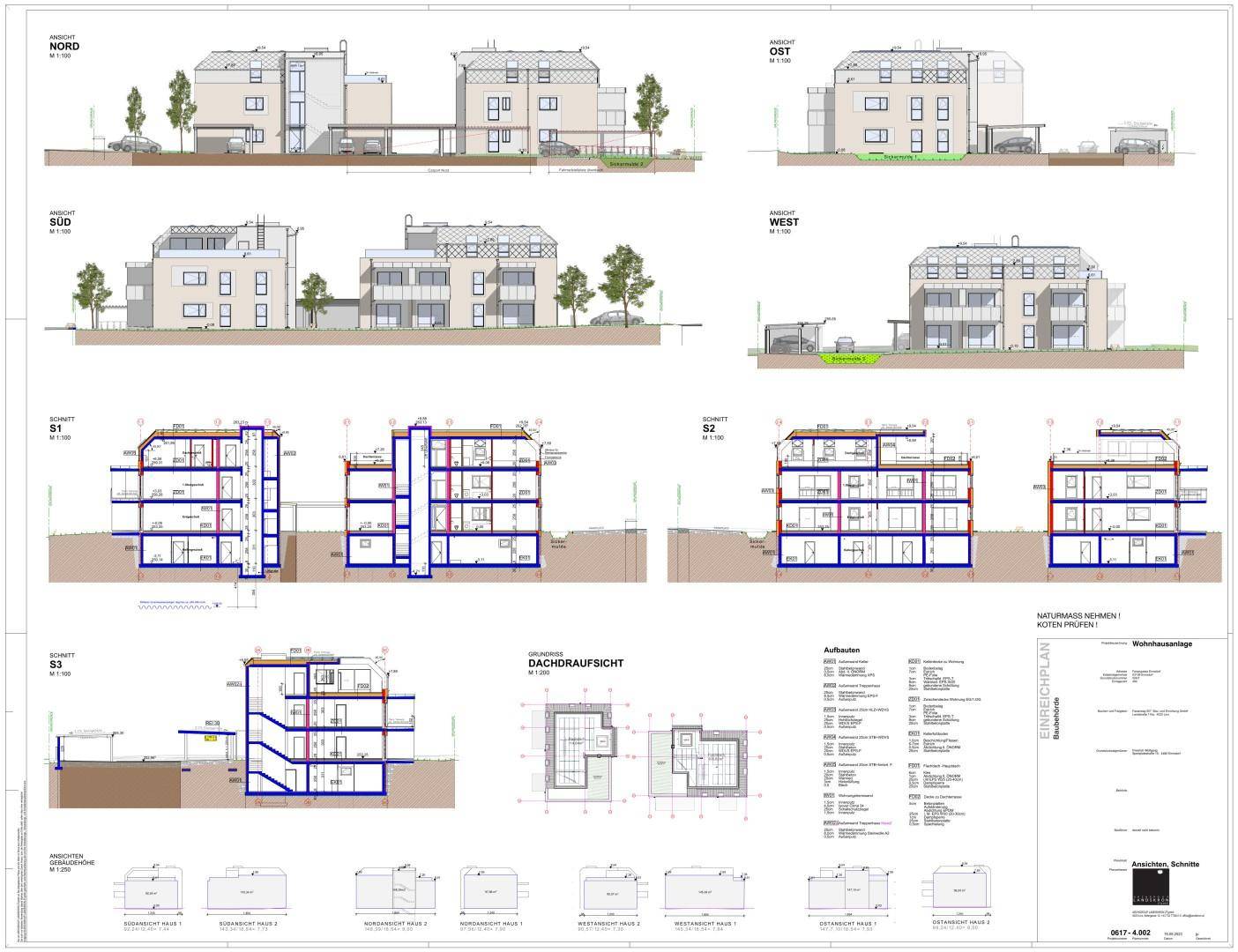 Umfassende architektonische Pläne mit Ansichten, Schnitten und Dachaufsicht der Gebäude.