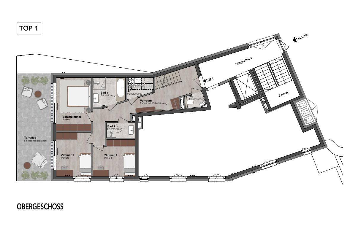 Grundriss für TOP 1 im Obergeschoss mit Schlafzimmern, zwei Bädern und einer Terrasse.