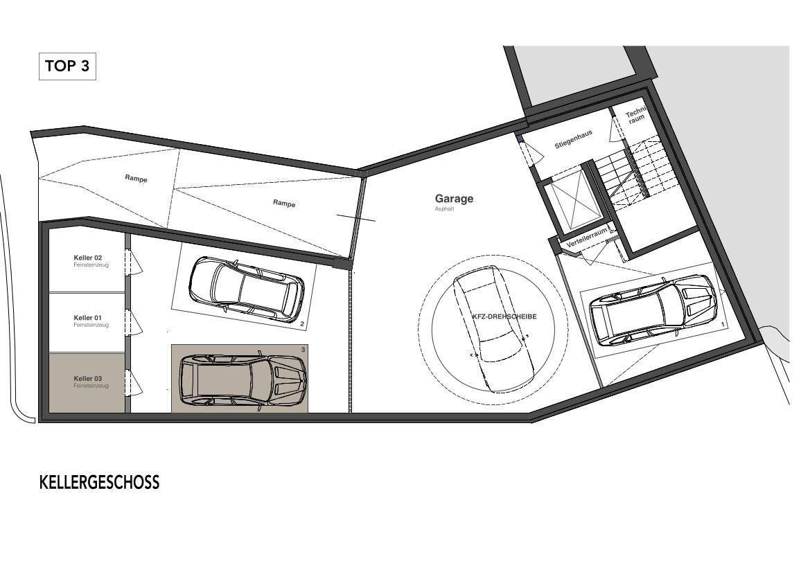 Grundriss für TOP 3 im Kellergeschoss mit Tiefgarage, Abstellräumen und Zufahrtsrampen.