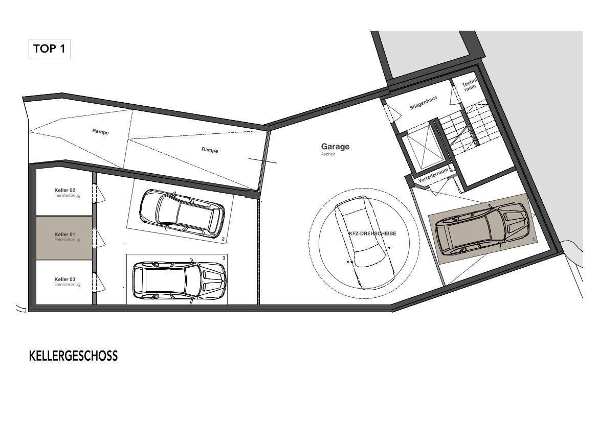 Grundriss für TOP 1 im Kellergeschoss mit Tiefgarage, Abstellräumen und Zufahrtsrampen.