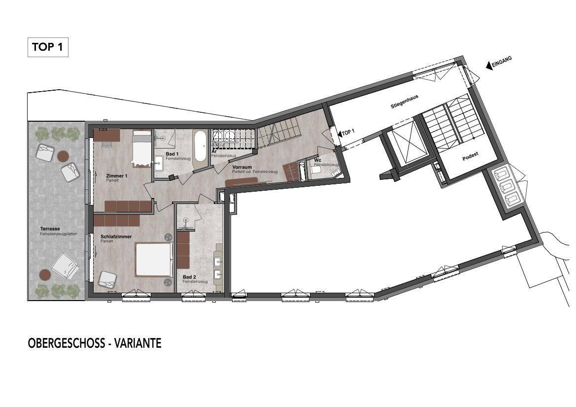 Grundrissvariante des Obergeschosses mit zwei Schlafzimmern, zwei Bädern und einer Terrasse.