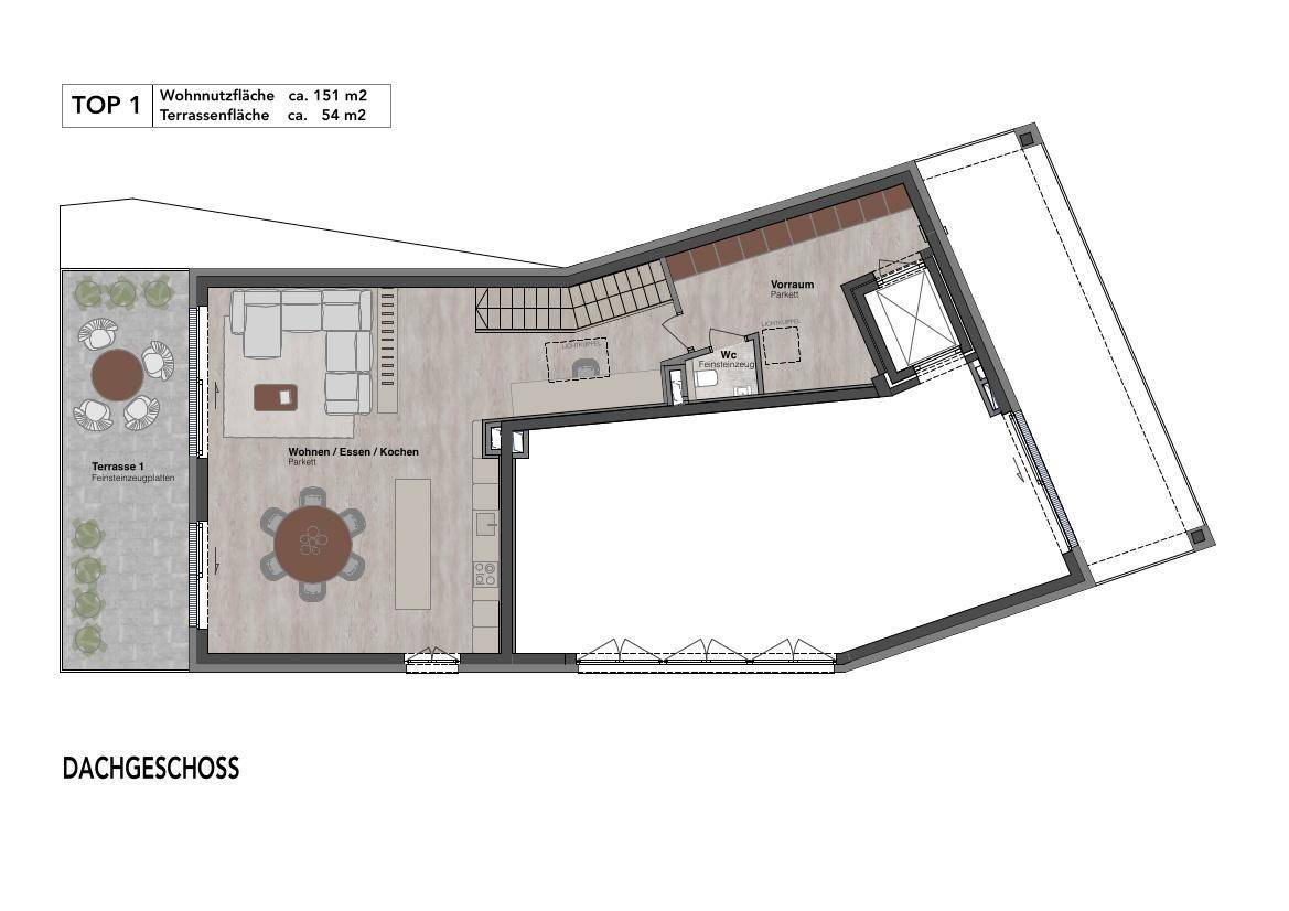 Grundriss des Dachgeschosses mit offenem Wohnbereich, großer Terrasse und Abstellraum.