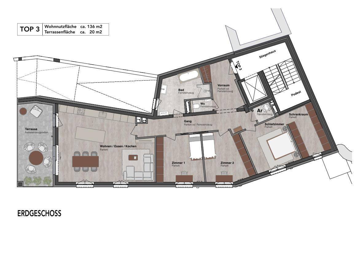 Grundriss des Erdgeschosses mit offenem Wohn-Essbereich, drei Schlafzimmern und großer Terrasse.