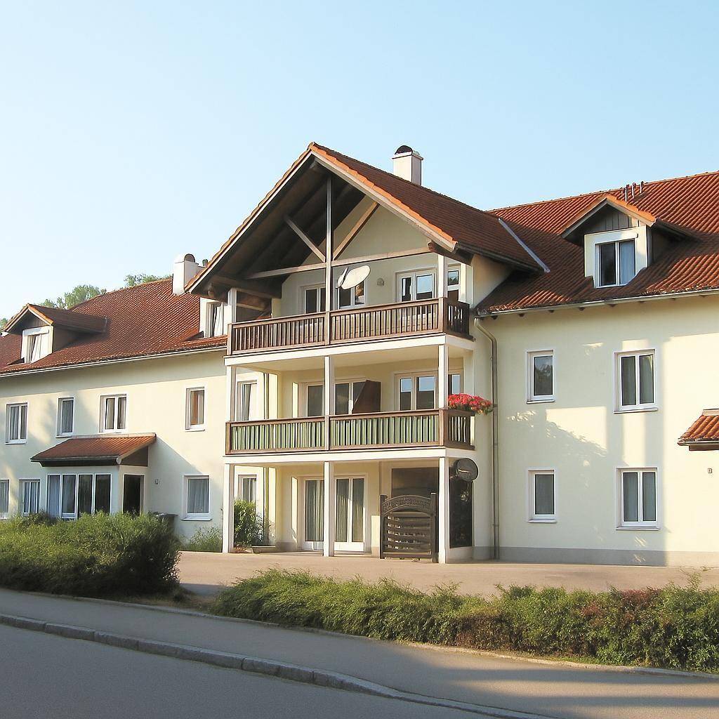 Mehrstöckiges Gebäude mit traditionellem Satteldach, mehreren Balkonen und heller Fassade, umgeben von Grün.