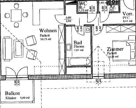 Grundriss einer Wohnung mit Wohnzimmer, Schlafzimmer, Bad, WC und einem Balkon.