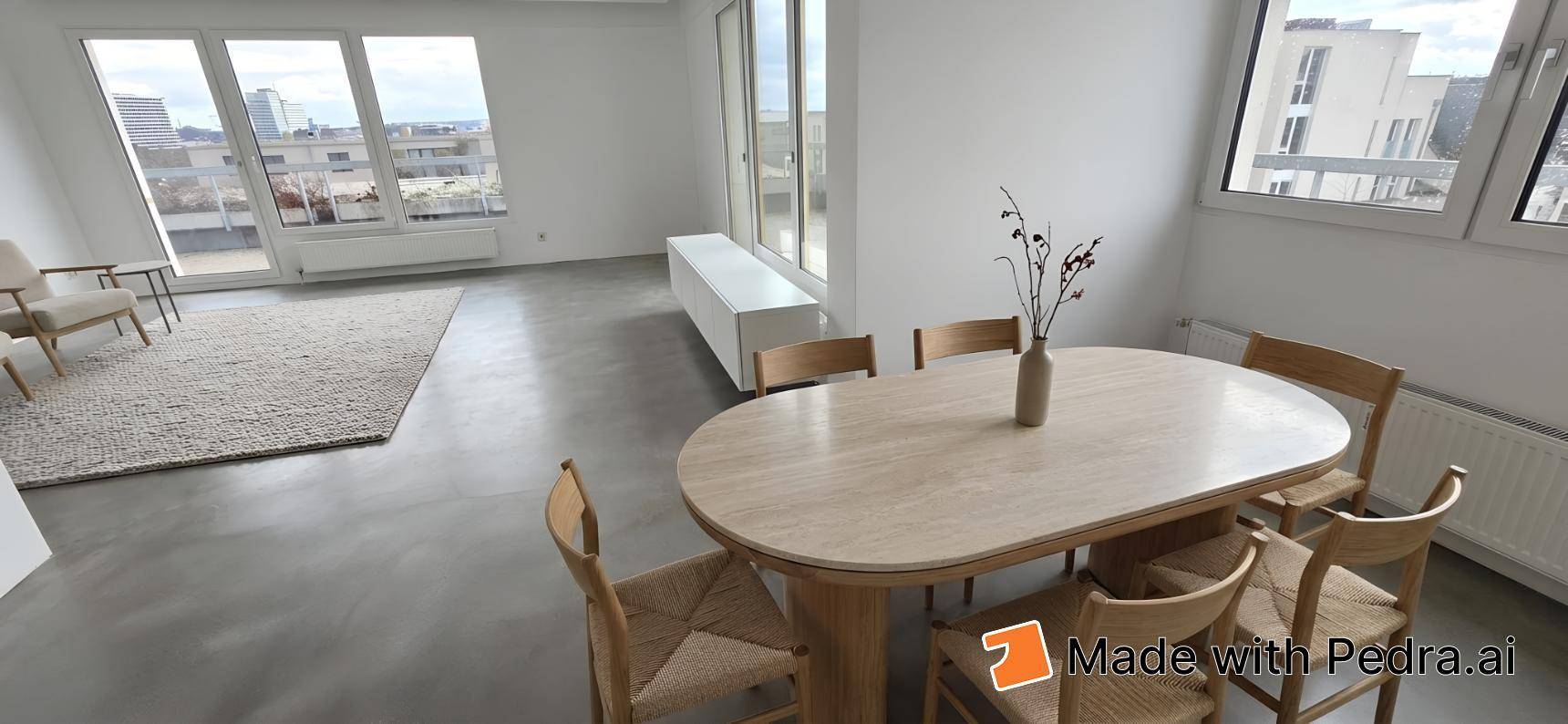 Heller Essbereich mit modernem Holztisch und Stühlen, angrenzend an einen Wohnbereich mit Stadtblick.