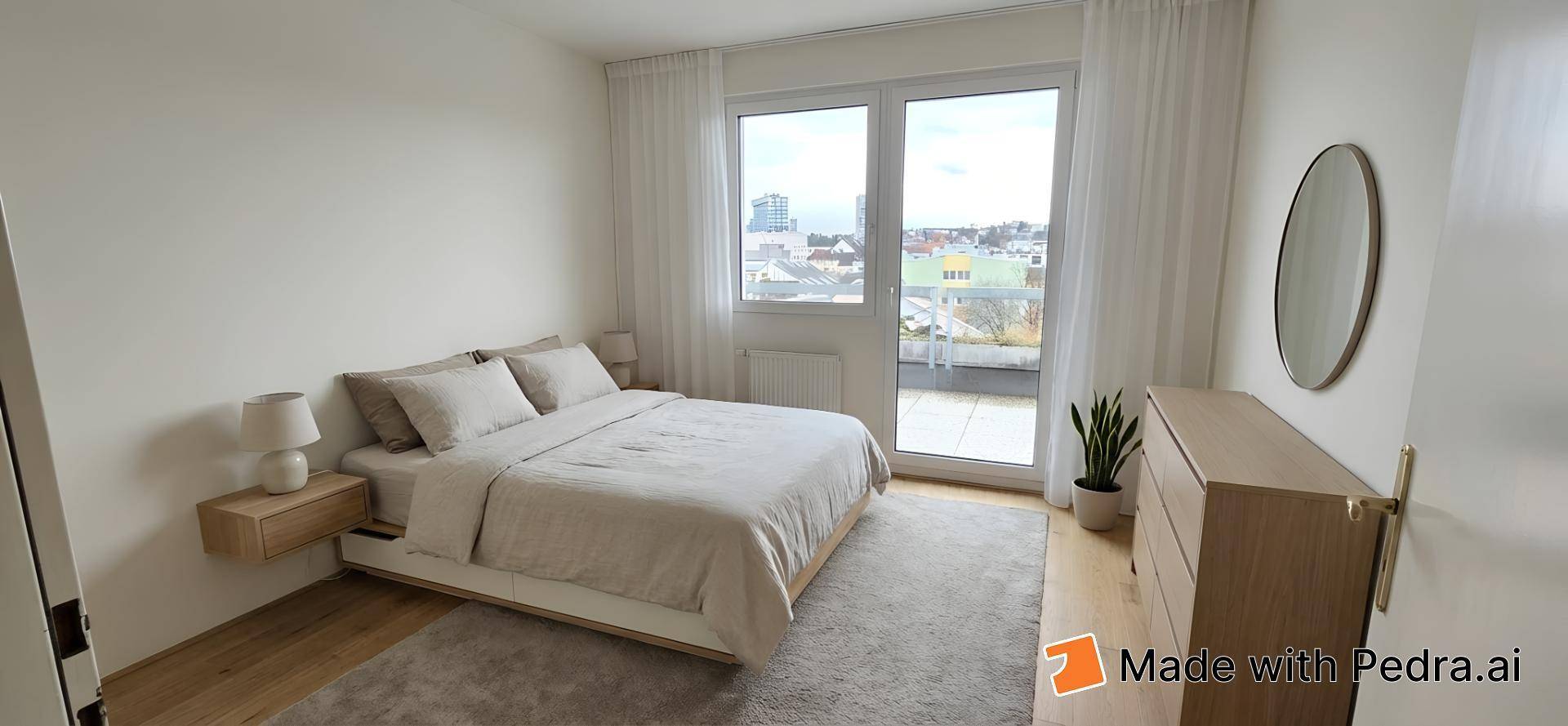 Helles Schlafzimmer mit modernem Bett, Holzmöbeln und Zugang zu einem Balkon mit Stadtblick.