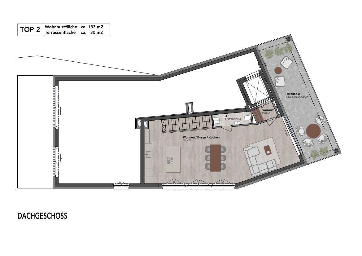 Grundriss des Dachgeschosses mit offenem Wohn-/Ess-/Kochbereich und großer Terrasse.