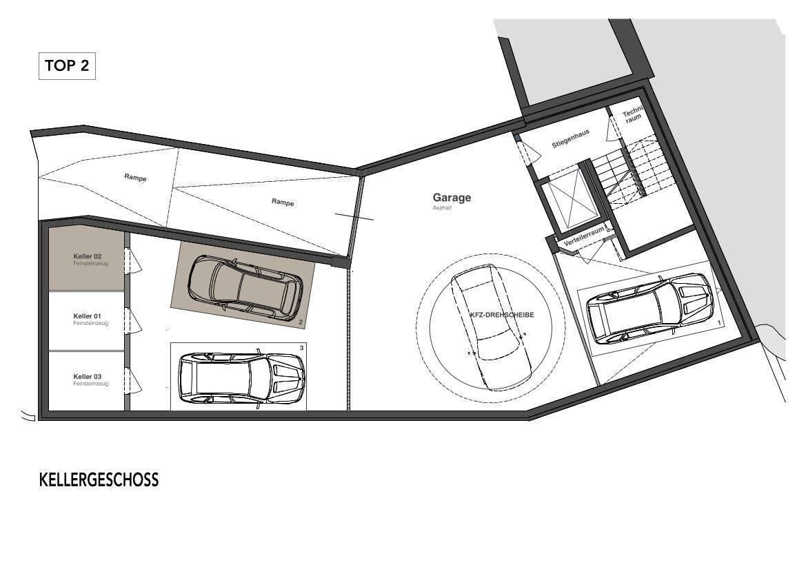 Grundriss des Kellergeschosses mit Garage, Kellerräumen und Rampenzugang.