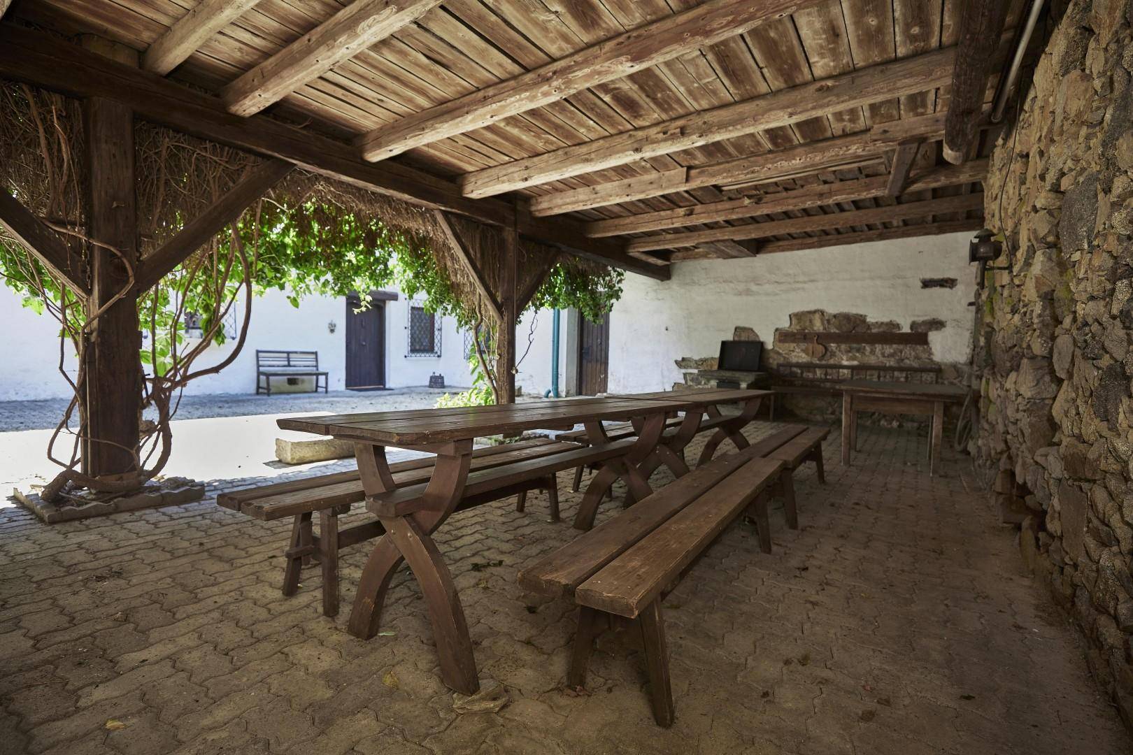 Überdachter Außenbereich mit rustikalen Holztischen und Bänken, ideal für gesellige Runden.
