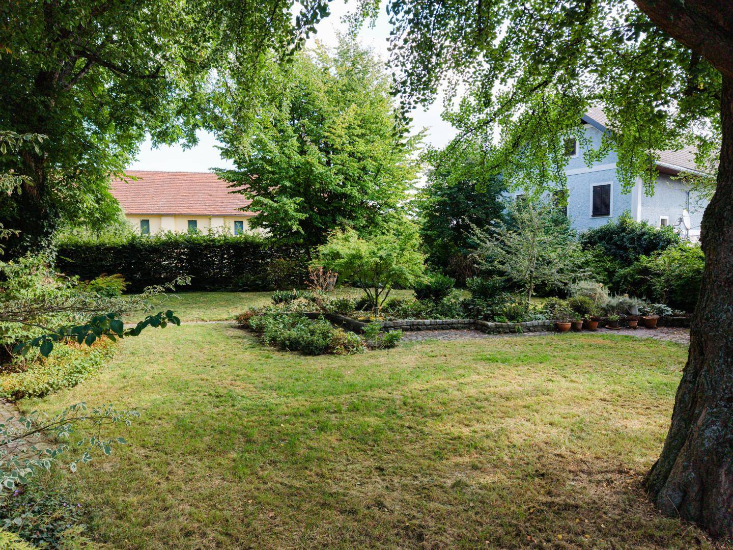 Gepflegter Garten mit Rasenfläche, alten Bäumen und verschiedenen Pflanzenbeeten.