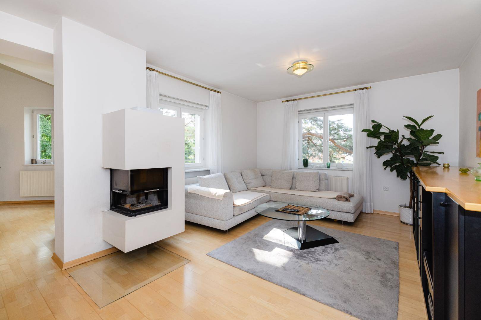 Gemütliches Wohnzimmer mit modernem Kamin, bequemer Sofalandschaft und hellem Holzboden.