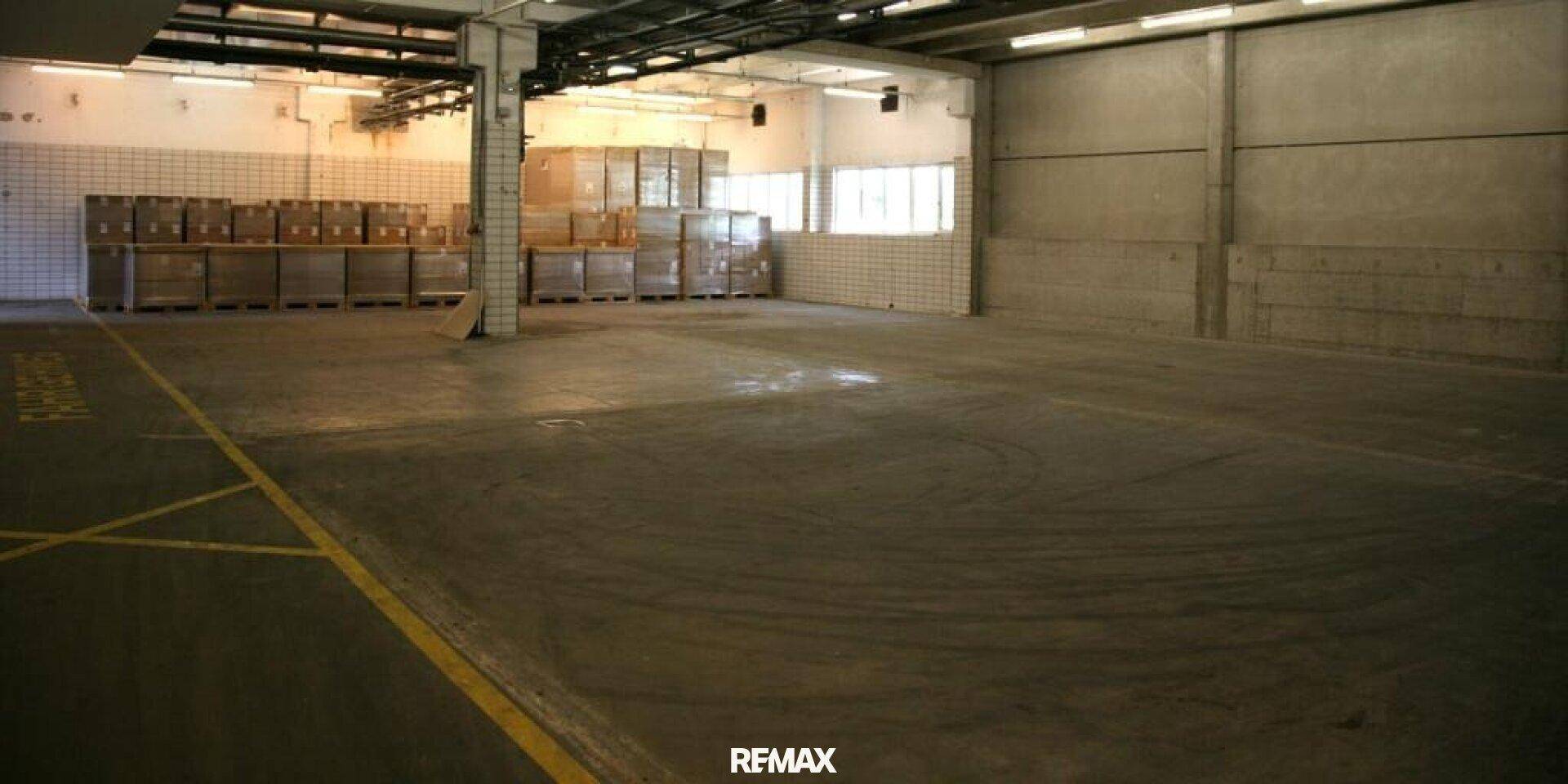 Große, leere Lagerhalle mit Betonboden und gefliesten Wänden, ideal für industrielle Nutzung oder Lagerung.