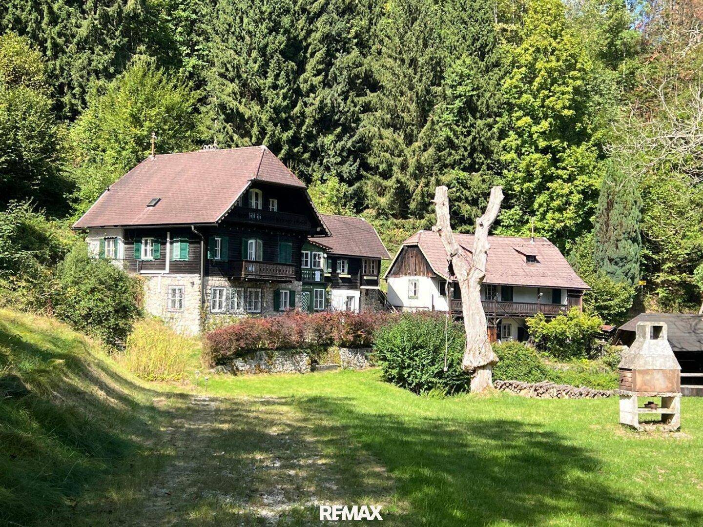 Großer Gartenbereich mit gemauertem Grillplatz vor traditionellen Häusern und Waldkulisse.