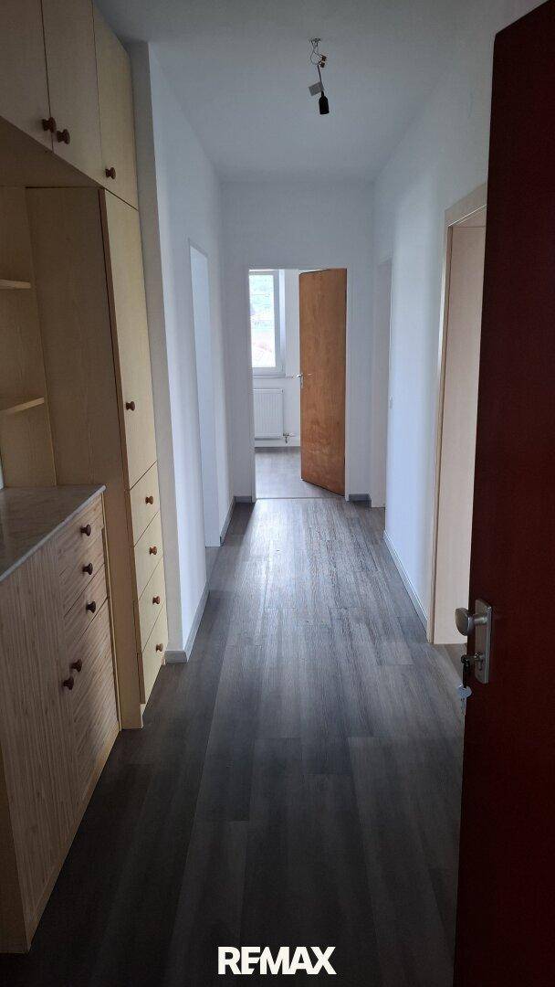 Langer Flur mit dunklem Laminatboden und praktischen Einbauschränken.