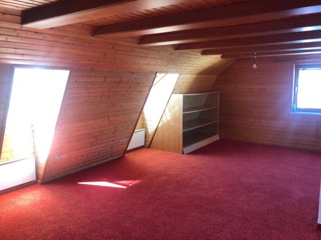Ausgebauter Dachboden mit Holzverkleidung, Teppichboden und Dachschrägenfenstern.