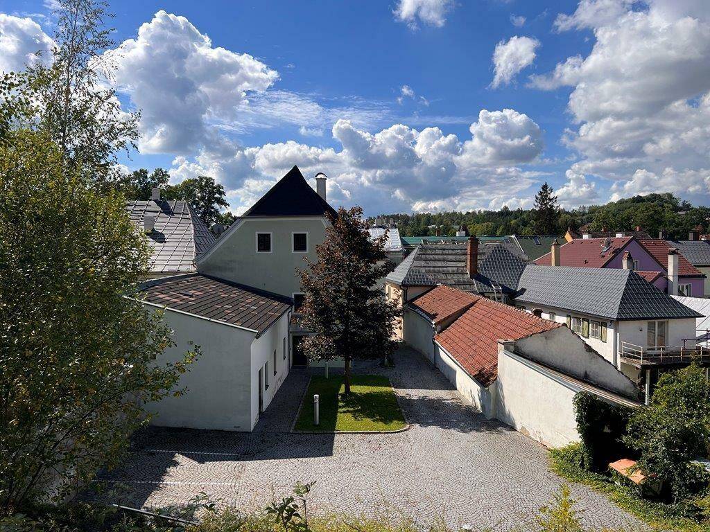 Dachlandschaft einer Siedlung mit verschiedenen Gebäuden und Dächern unter blauem Himmel.