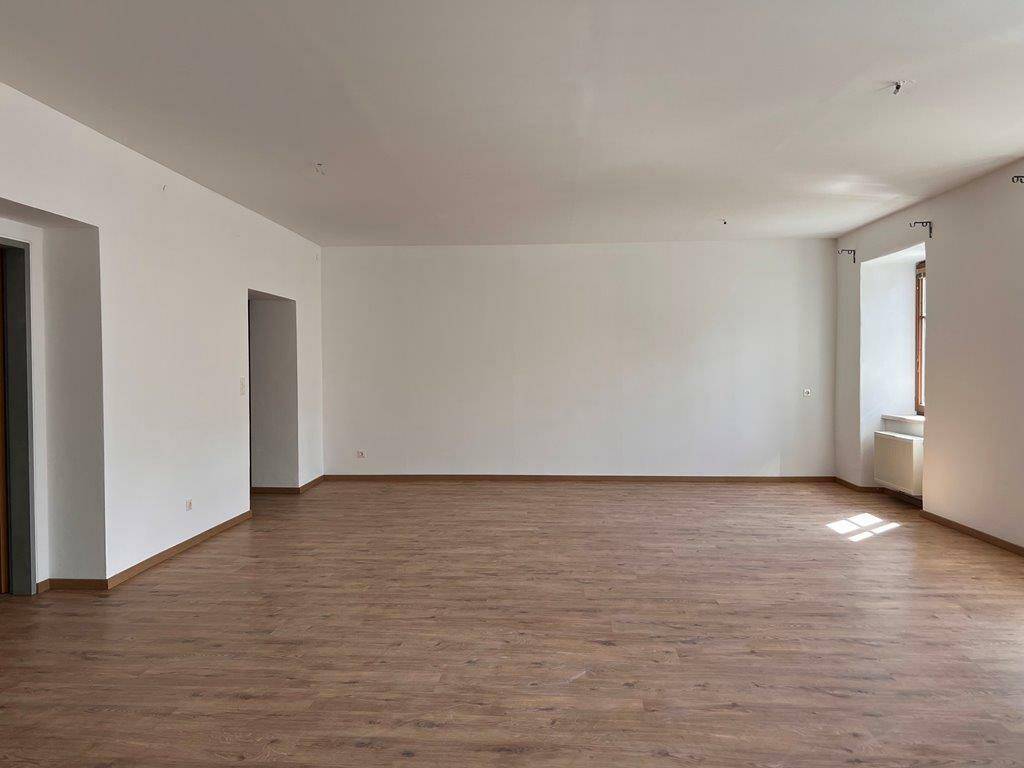 Großes, helles Wohnzimmer mit neuem Laminatboden und viel Platz für individuelle Gestaltung.