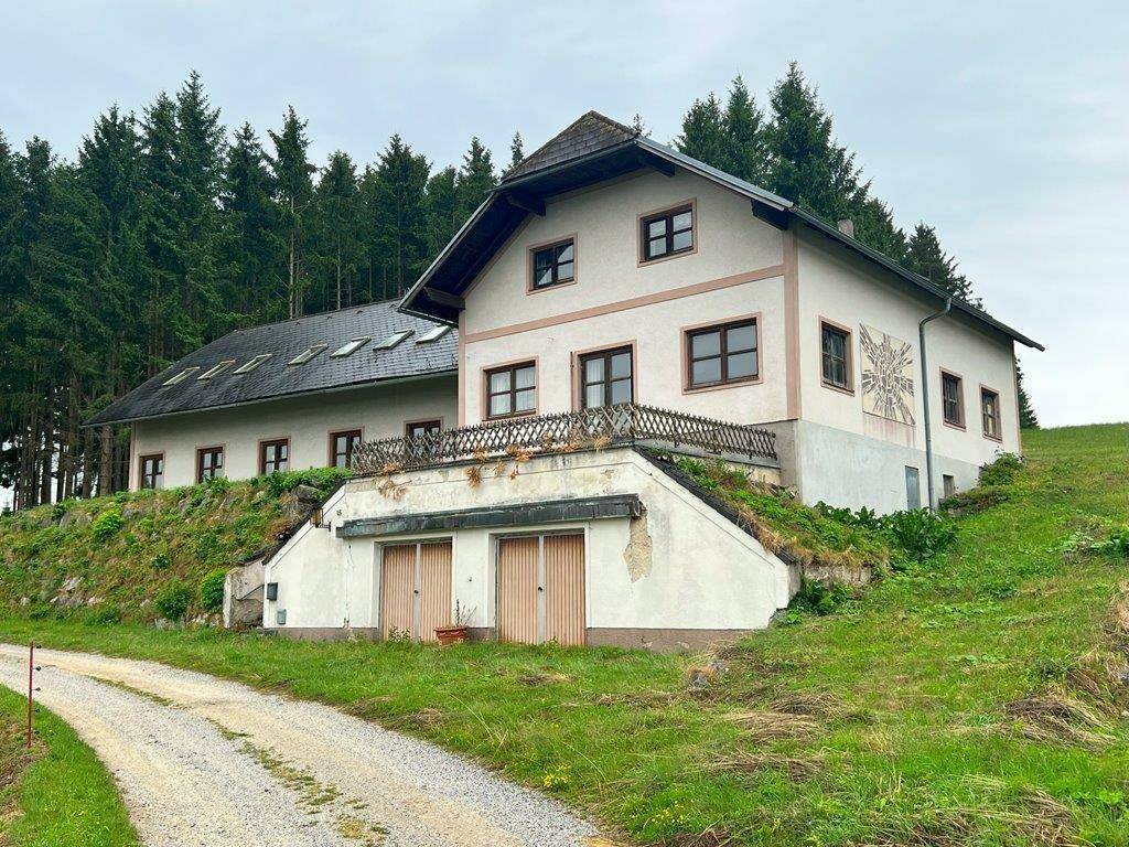 Ansicht des Landhauses mit Garage im Untergeschoss und einem kleinen Balkonbereich vor bewaldeter Kulisse.