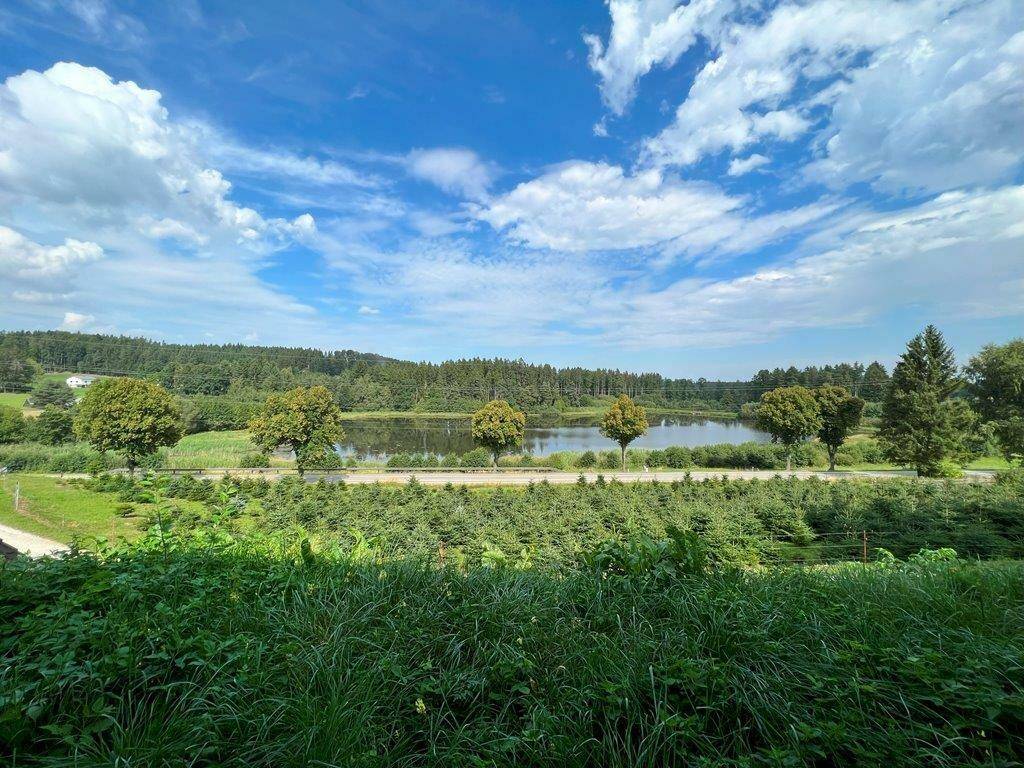 Panoramablick über einen ruhigen See, umgeben von dichten Wäldern und grünen Feldern unter blauem Himmel.