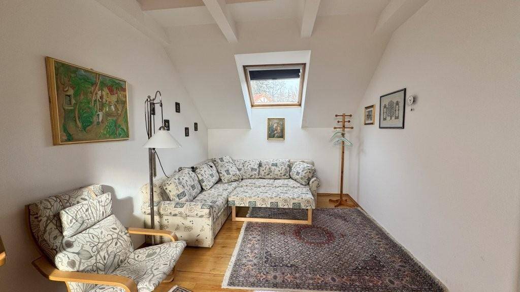 Vielseitiger Dachbodenraum mit Sofa, Holzboden und Dachfenster, ideal als Gästezimmer.