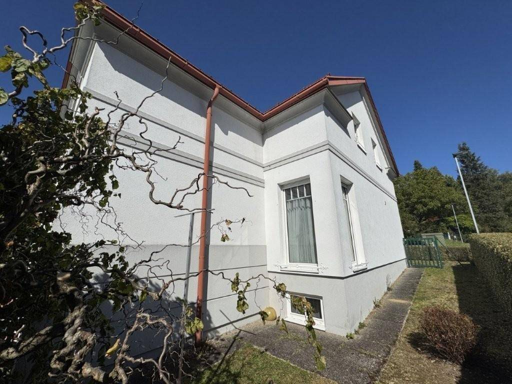 Seitenansicht des Hauses mit weißer Fassade, roten Dachrinnen und Fenstern, umgeben von Grün.