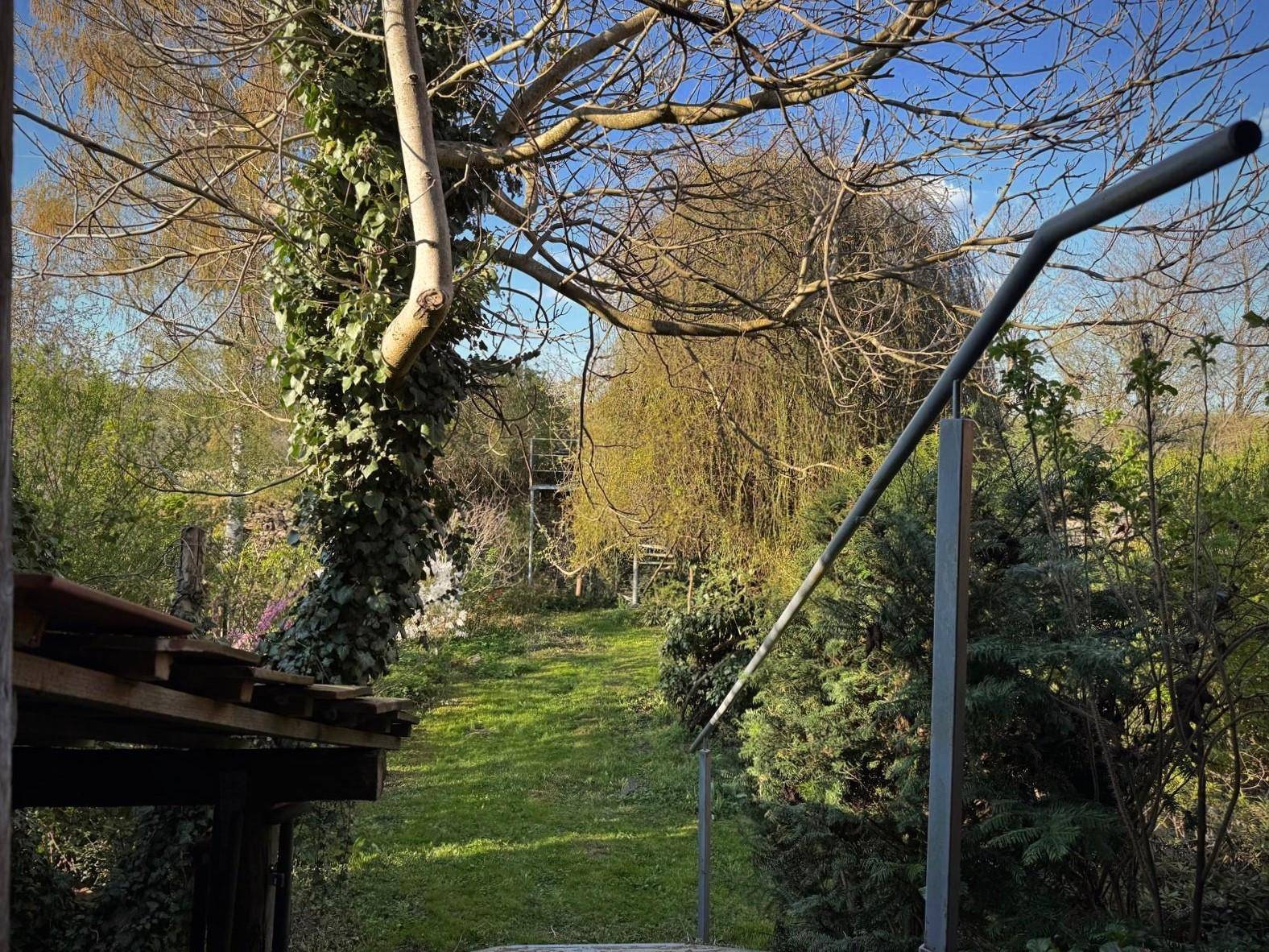 Grüner Gartenbereich mit Bäumen und Sträuchern, der einen weiten Blick in die Landschaft bietet.