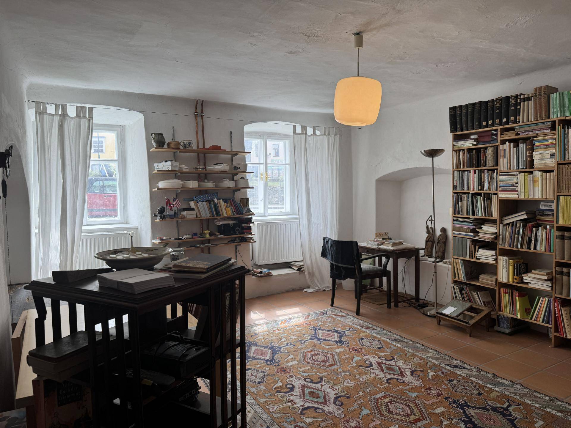 Geräumiges Wohnzimmer mit großen Bücherregalen, einem Teppich und zwei Fenstern für natürliches Licht.