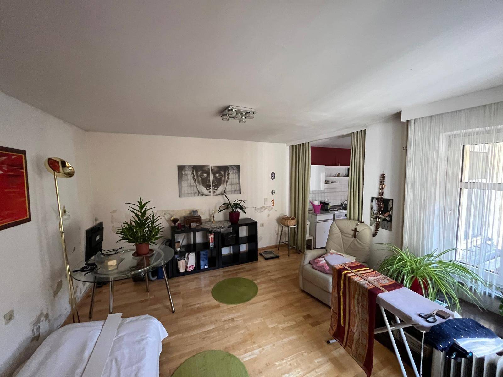 Wohnzimmer mit Holzboden, Pflanzen und offenem Übergang zu einer kleinen Küche.