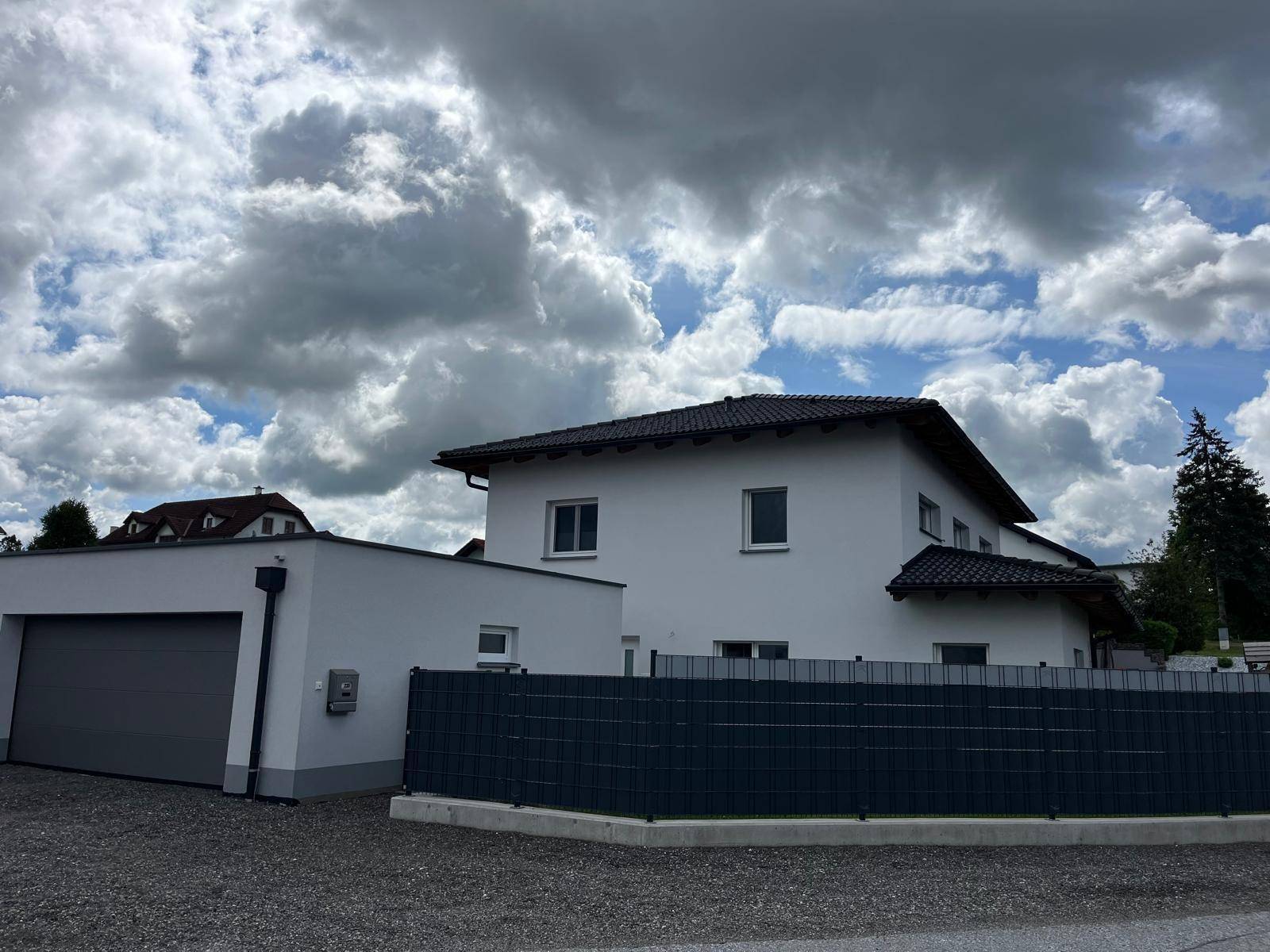 Ansicht des modernen Einfamilienhauses mit integrierter Garage und gepflegter Zufahrt.