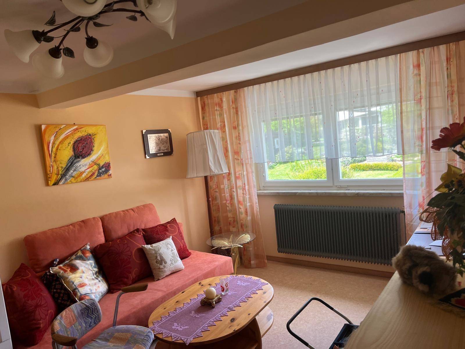 Gemütliches Wohnzimmer mit orangefarbenem Sofa, Holztisch und Blick ins Grüne durch das Fenster.