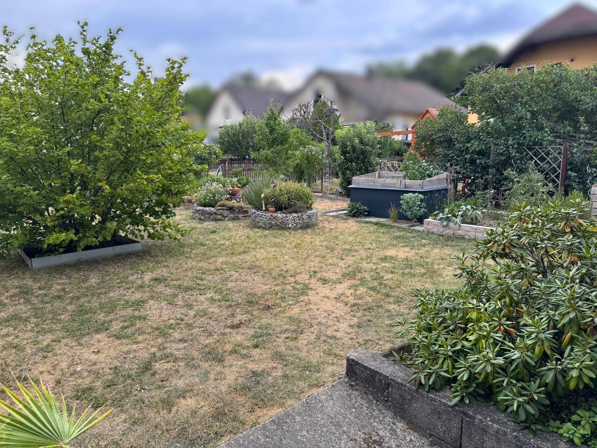 Großer Garten mit Rasenfläche, Hochbeeten und verschiedenen Pflanzen.