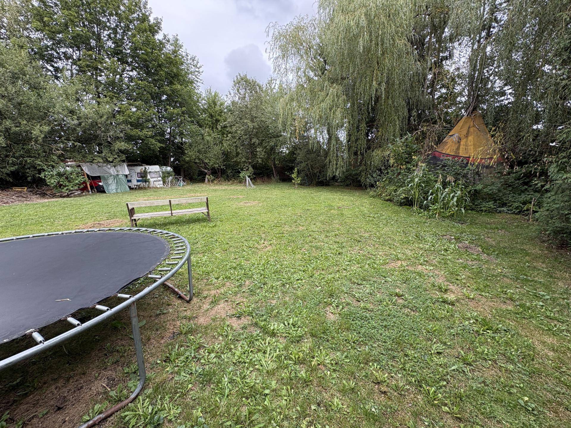 Weitläufiger Garten mit Rasenfläche, einem Trampolin und hohen Bäumen im Hintergrund.