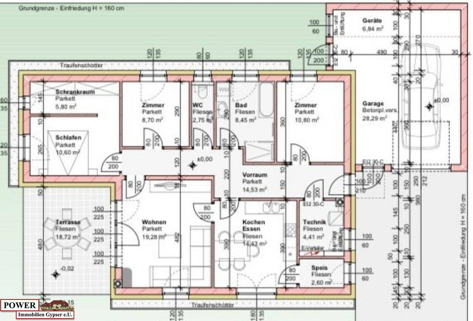 Detaillierter Grundriss eines Einfamilienhauses mit drei Zimmern, Terrasse und integrierter Garage.