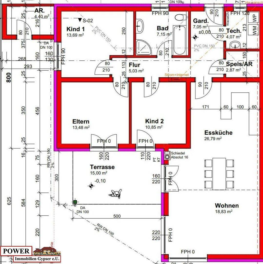 Detaillierter Grundriss einer Wohnung mit drei Schlafzimmern, Terrasse und geräumiger Essküche.
