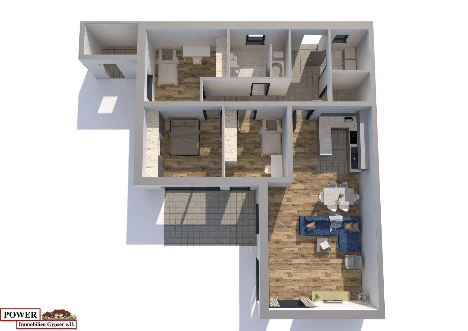 3D-Visualisierung eines möblierten Grundrisses mit offenem Wohnbereich, Küche und Terrasse.