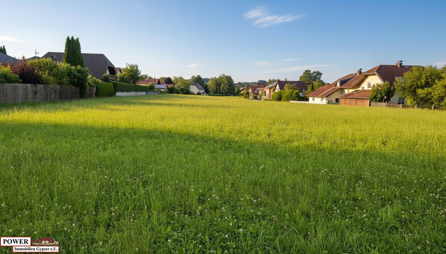 Sonnige Wiese mit sattgrünem Gras und Häusern im Hintergrund, beleuchtet vom warmen Abendlicht.
