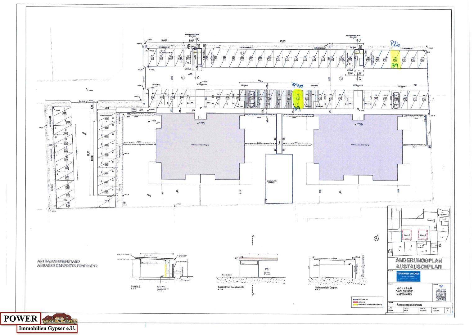 Übersichtsplan des Grundstücks mit Tiefgaragenstellplätzen und Außenparkplätzen.