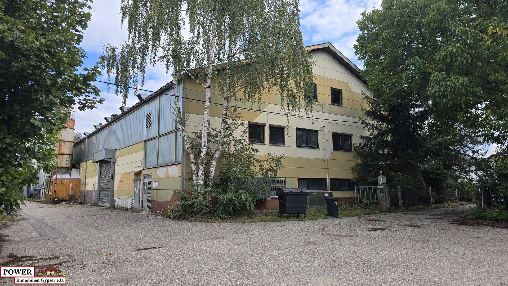 Industrielles Gebäude mit gelb-grüner Fassade und großen Fenstern, umgeben von Bäumen und einem Parkplatz.